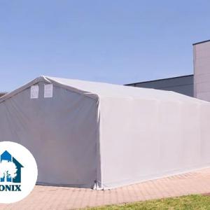 Professzionális ponyvacsarnok raktársátor 6 × 12 m, 72 m² alapterülettel, 4,00 m oldalmagassággal, két cipzáras bejárattal, szürke PVC ponyvával