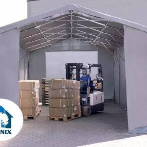 Professzionális ponyvacsarnok raktársátor 6 × 12 m, 72 m² alapterülettel, 4,00 m oldalmagassággal, két cipzáras bejárattal, szürke PVC ponyvával
