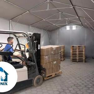 Professzionális ponyvacsarnok raktársátor 6 × 12 m, 72 m² alapterülettel, 4,00 m oldalmagassággal, két cipzáras bejárattal, szürke PVC ponyvával