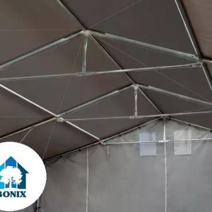 Professzionális ponyvacsarnok raktársátor 6 × 12 m, 72 m² alapterülettel, 4,00 m oldalmagassággal, két cipzáras bejárattal, szürke PVC ponyvával
