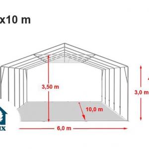 Professzionális ponyvacsarnok raktársátor 6×10 m, 60 m², 3,00 m oldalmagassággal, lángálló PRIMEtex PVC ponyvával, két cipzáras kapuval és teljesen horganyzott acélvázzal – szürke