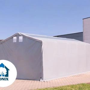 Professzionális ponyvacsarnok raktársátor 6×12 m, 72 m², 3,60 m oldalmagassággal, cipzáras kapuval, tetőablakkal, PVC ponyvával és teljesen horganyzott acélvázzal – szürke