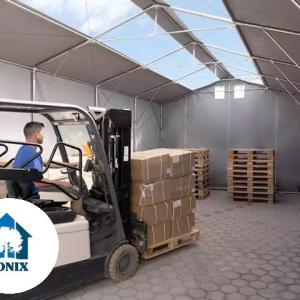 Professzionális ponyvacsarnok raktársátor 6×12 m, 72 m², 3,60 m oldalmagassággal, cipzáras kapuval, tetőablakkal, PVC ponyvával és teljesen horganyzott acélvázzal – szürke