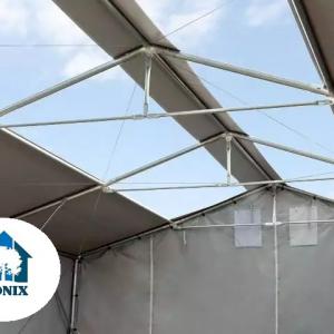 Professzionális ponyvacsarnok raktársátor 6×12 m, 72 m², 3,60 m oldalmagassággal, cipzáras kapuval, tetőablakkal, PVC ponyvával és teljesen horganyzott acélvázzal – szürke