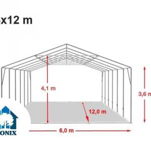 Professzionális ponyvacsarnok raktársátor 6×12 m, 72 m², 3,60 m oldalmagassággal, cipzáras kapuval, tetőablakkal, PVC ponyvával és teljesen horganyzott acélvázzal – szürke