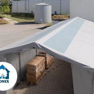Professzionális ponyvacsarnok raktársátor 6×12 m, 72 m², 3,60 m oldalmagassággal, cipzáras kapuval, tetőablakkal, PVC ponyvával és teljesen horganyzott acélvázzal – szürke