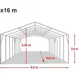 Professzionális ponyvacsarnok raktársátor 6×16 m, 96 m², 3,00 m oldalmagassággal, két standard cipzáras kapuval, PVC ponyvával és teljesen horganyzott acélvázzal