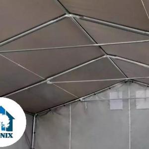 Professzionális ponyvacsarnok raktársátor 6×6 m, 36 m², 3,00 m oldalmagassággal, felhúzható kapuval, személybejáróval, PVC ponyvával és teljesen horganyzott acélvázzal – szürke