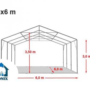 Professzionális ponyvacsarnok raktársátor 6×6 m, 36 m², 3,00 m oldalmagassággal, felhúzható kapuval, személybejáróval, PVC ponyvával és teljesen horganyzott acélvázzal – szürke