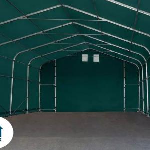 Professzionális ponyvacsarnok raktársátor  6x12m  bejárat 4,1x2,9 m ponyva lángálló PVC zöld