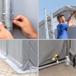 Professzionális ponyvacsarnok, raktársátor 8 × 12 m, 96 m² alapterülettel, 4,00 m oldalmagassággal, tolókapuval, cipzáras bejárattal, tetőablakkal szürke, lángálló PRIMEtex ponyvával