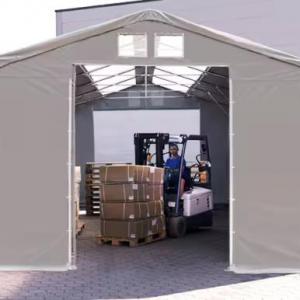 Professzionális ponyvacsarnok, raktársátor 8 × 12 m, 96 m² alapterülettel, 4,00 m oldalmagassággal, tolókapuval, cipzáras bejárattal, tetőablakkal szürke, lángálló PRIMEtex ponyvával