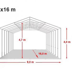 Professzionális ponyvacsarnok raktársátor 8 × 16 m, 128 m² alapterülettel, 4,00 m oldalmagassággal, felhúzható kapuval, cipzáras személyi bejárattal szürke, lángálló PRIMEtex ponyvával