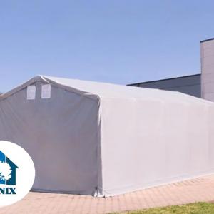 Professzionális ponyvacsarnok, raktársátor 8 × 16 m, 128 m² alapterülettel, 4,00 m oldalmagassággal, standard cipzáras bejárattal, szürke, lángálló PRIMEtex ponyvával