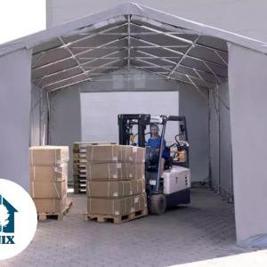 Professzionális ponyvacsarnok, raktársátor 8 × 16 m, 128 m² alapterülettel, 4,00 m oldalmagassággal, standard cipzáras bejárattal, szürke, lángálló PRIMEtex ponyvával
