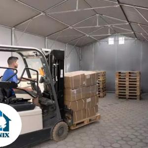 Professzionális ponyvacsarnok, raktársátor 8 × 16 m, 128 m² alapterülettel, 4,00 m oldalmagassággal, standard cipzáras bejárattal, szürke, lángálló PRIMEtex ponyvával