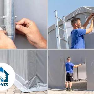 Professzionális ponyvacsarnok, raktársátor 8 × 16 m, 128 m² alapterülettel, 4,00 m oldalmagassággal, standard cipzáras bejárattal, szürke, lángálló PRIMEtex ponyvával