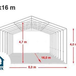 Professzionális ponyvacsarnok, raktársátor 8 × 16 m, 128 m² alapterülettel, 4,00 m oldalmagassággal, standard cipzáras bejárattal, szürke, lángálló PRIMEtex ponyvával