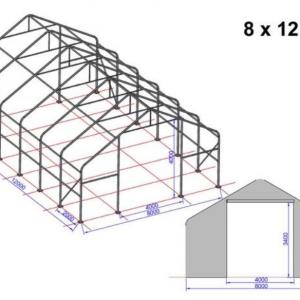 Professzionális ponyvacsarnok raktársátor 8x12 m kapu 4x3,4 m ponyva tűzálló PVC tetőablakkal szürke statikai megerősítéssel