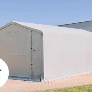 Professzionális ponyvacsarnok, raktársátor és ipari sátor 8 × 10 m, 80 m² alapterülettel, 4,00 m oldalmagassággal, horganyzott acélvázzal, felhúzható kapuval, személyi bejárattal, szürke PVC ponyvával