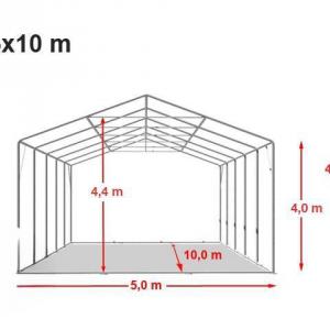 Professzionális ponyvacsarnok, raktársátor ipari sátor 5 × 10 m, 50 m² alapterülettel, 4,00 m oldalmagassággal, felhúzható kapuval, személyi bejárattal  szürke, lángálló PRIMEtex ponyvával