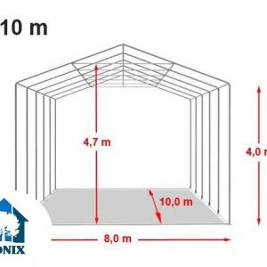 Professzionális ponyvacsarnok, raktársátor  ipari sátor 8 × 10 m, 80 m² alapterülettel, 4,00 m oldalmagassággal, felhúzható kapuval, személyi bejárattal, szürke PVC ponyvával