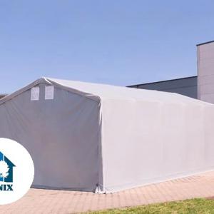Professzionális ponyvacsarnok, raktársátor ipari sátor 8 × 12 m, 96 m² alapterülettel, 4,00 m oldalmagassággal, két standard cipzáras kapuval, szürke PVC ponyvával