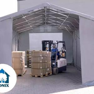 Professzionális ponyvacsarnok, raktársátor ipari sátor 8 × 12 m, 96 m² alapterülettel, 4,00 m oldalmagassággal, két standard cipzáras kapuval, szürke PVC ponyvával