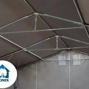 Professzionális ponyvacsarnok, raktársátor ipari sátor 8 × 12 m, 96 m² alapterülettel, 4,00 m oldalmagassággal, két standard cipzáras kapuval, szürke PVC ponyvával