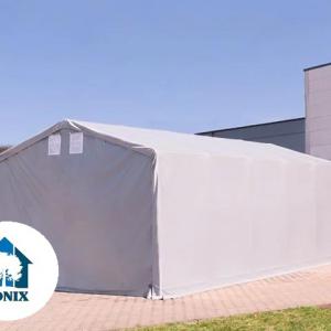 Professzionális ponyvacsarnok raktársátor, ipari tárolósátor 8×12 m, 96 m², 3,00 m oldalmagassággal, cipzáras kapuval, PVC ponyvával és teljesen horganyzott acélvázzal – szürke