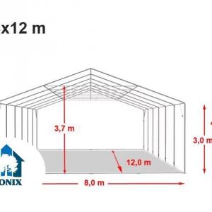 Professzionális ponyvacsarnok raktársátor, ipari tárolósátor 8×12 m, 96 m², 3,00 m oldalmagassággal, cipzáras kapuval, PVC ponyvával és teljesen horganyzott acélvázzal – szürke