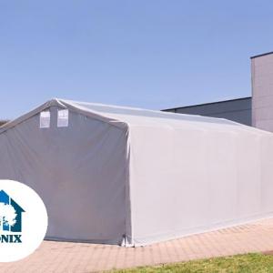Professzionális ponyvacsarnok raktársátor, tárolósátor 6×12 m, 72 m², 3,00 m oldalmagassággal, cipzáras kapuval, tetőablakkal, PVC ponyvával és teljesen horganyzott acélvázzal – szürke