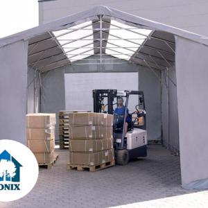 Professzionális ponyvacsarnok raktársátor, tárolósátor 6×12 m, 72 m², 3,00 m oldalmagassággal, cipzáras kapuval, tetőablakkal, PVC ponyvával és teljesen horganyzott acélvázzal – szürke