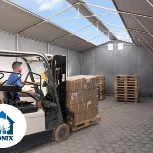 Professzionális ponyvacsarnok raktársátor, tárolósátor 6×12 m, 72 m², 3,00 m oldalmagassággal, cipzáras kapuval, tetőablakkal, PVC ponyvával és teljesen horganyzott acélvázzal – szürke