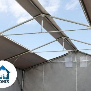 Professzionális ponyvacsarnok raktársátor, tárolósátor 6×12 m, 72 m², 3,00 m oldalmagassággal, cipzáras kapuval, tetőablakkal, PVC ponyvával és teljesen horganyzott acélvázzal – szürke