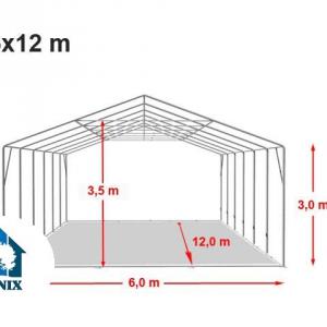 Professzionális ponyvacsarnok raktársátor, tárolósátor 6×12 m, 72 m², 3,00 m oldalmagassággal, cipzáras kapuval, tetőablakkal, PVC ponyvával és teljesen horganyzott acélvázzal – szürke