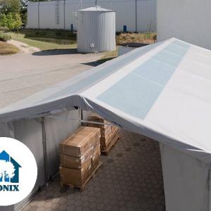 Professzionális ponyvacsarnok raktársátor, tárolósátor 6×12 m, 72 m², 3,00 m oldalmagassággal, cipzáras kapuval, tetőablakkal, PVC ponyvával és teljesen horganyzott acélvázzal – szürke