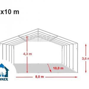 Professzionális ponyvacsarnok raktársátor, tárolósátor 8×10 m, 80 m², 3,60 m oldalmagassággal, két cipzáras kapuval, PVC ponyvával és teljesen horganyzott acélvázzal – szürke