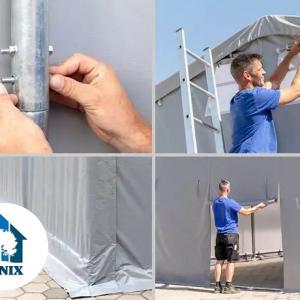Professzionális PVC ponyvacsarnok raktársátor 4×10 m, 40 m², 3,00 m oldalmagassággal, két cipzáras kapuval és teljesen horganyzott acélvázzal – szürke