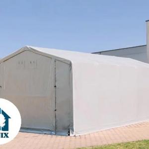 Professzionális PVC ponyvacsarnok raktársátor 4×12 m, 48 m², 3,00 m oldalmagassággal, felhúzható kapuval és teljesen horganyzott acélvázzal – szürke