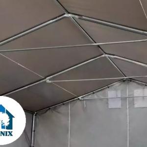 Professzionális PVC ponyvacsarnok raktársátor 4×12 m, 48 m², 3,00 m oldalmagassággal, felhúzható kapuval és teljesen horganyzott acélvázzal – szürke