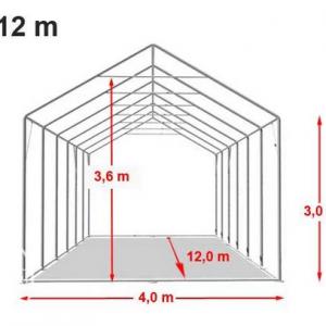 Professzionális PVC ponyvacsarnok raktársátor 4×12 m, 48 m², 3,00 m oldalmagassággal, felhúzható kapuval és teljesen horganyzott acélvázzal – szürke