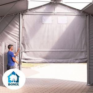 Professzionális PVC ponyvacsarnok raktársátor 4×12 m, 48 m², 3,00 m oldalmagassággal, felhúzható kapuval és teljesen horganyzott acélvázzal – szürke