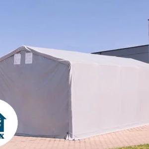 Professzionális PVC ponyvacsarnok raktársátor 4×8 m, 32 m², 3,00 m oldalmagassággal, cipzáras kapuval és teljesen horganyzott acélvázzal – szürke