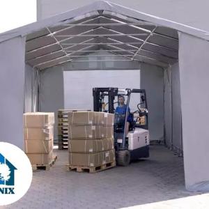 Professzionális PVC ponyvacsarnok raktársátor 4×8 m, 32 m², 3,00 m oldalmagassággal, cipzáras kapuval és teljesen horganyzott acélvázzal – szürke