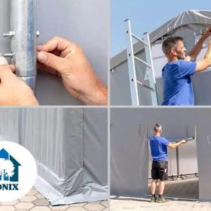 Professzionális PVC ponyvacsarnok raktársátor 4×8 m, 32 m², 3,00 m oldalmagassággal, cipzáras kapuval és teljesen horganyzott acélvázzal – szürke