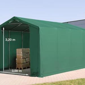 Professzionális PVC ponyvacsarnok raktársátor 4×8 m, 32 m², 3,00 m oldalmagassággal, cipzáras kapuval és teljesen horganyzott acélvázzal – szürke