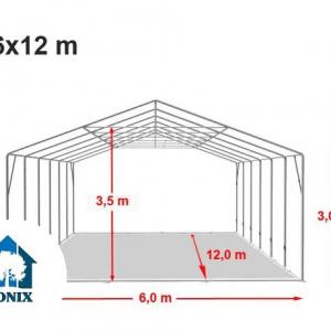 Professzionális PVC ponyvacsarnok raktársátor 6×12 m, 72 m², 3,00 m oldalmagassággal, teljesen horganyzott acélvázzal, padlókerettel – szürke