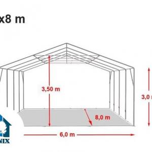 Professzionális PVC ponyvacsarnok raktársátor 6×8 m, 48 m², 3,00 m oldalmagassággal, standard bejárattal, teljesen horganyzott acélvázzal – szürke