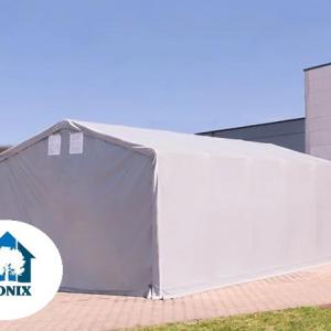 Professzionális PVC ponyvacsarnok raktársátor, ipari sátor 6×6 m, 36 m², 3,00 m oldalmagassággal, két cipzáras kapuval és teljesen horganyzott acélvázzal – szürke